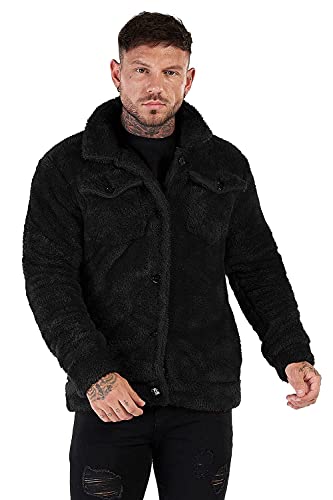Image of GINGTTO Mens Furry Button-Up Jacket 4 Pockets Fluffy Coat For Men