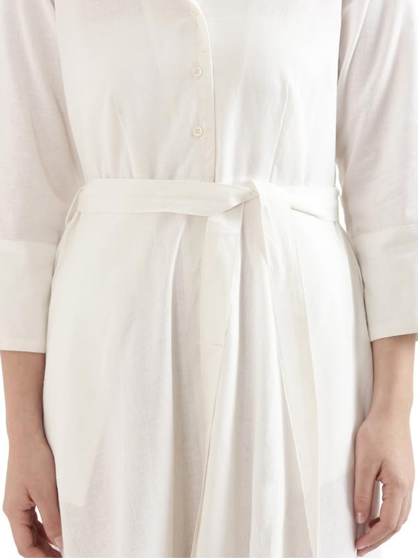 Image of SAADAA Women Cotton-Linen Blend Flared Dress | Midi Dress with 3 /4 Sleeves, Adjustable Waist Belt & Pockets | Below Knee Casual Dress for Office, Travel & Everyday Wear