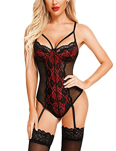 BESDEL Body De Una Pieza De Encaje Sexy Para Mujer LenceríA De Peluche De Encaje Sexy Chemises Con Cuello En V Vino Rojo L Cover