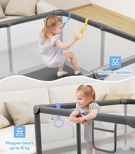 Image of Dripex Baby Playpen, 47 inchx47 inch Small Play Pen for Babies, Grey | Breathable Visible Mesh, Anti-Fall Design, Easy Setup, Indoor /Outdoor Use