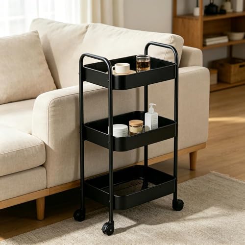 3-Tier Rolling Cart with Wheels, Multifunction Utility Storage Carts, Kitchen Storage Organizer, Mobile Shelving Unit for Bathroom, Laundry, Black by HOMIDEA - Used condition - Image 6