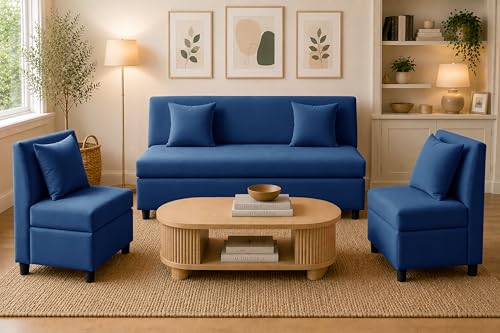 Image of 3+1+1 Modern Velvet Fabric Sofa Set for Living Room | Three Seater Sofa with 2 Single Seater Chairs | for Home, Office| Blue