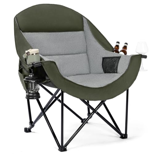 Image of Oversized Camping Chairs for Adult - Heavy Duty Padded Portable Folding Chair XL Collapsible Camp Chair with Cup Holder Cooler Pockets for Outdoor Lawn Beach Sport Fishing Support 500LBS, Green Grey