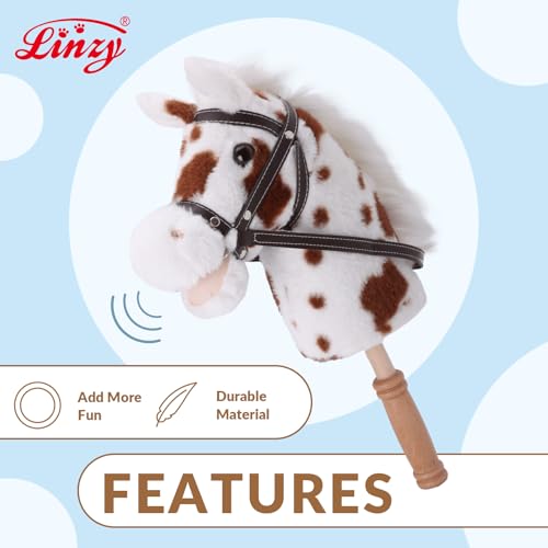 Image of Linzy Toys 35.5 inch Plush Stick Horse - Funny Hobby Horse with Pony Sound, Soft Realistic Mane & Durable Leather Reins, Pretend Play Riding Toy for Boys & Girls Ages 3+ (Spotted)