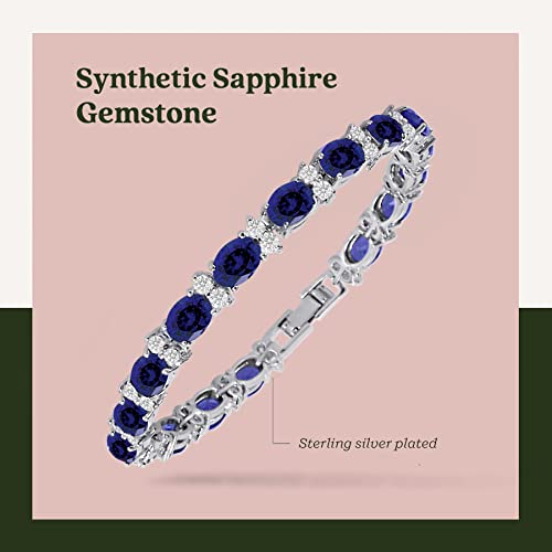 Kezef Cz Tennis Bracelet - Oval 7X5 Syn Blue Sapphire & Round 2.50Mm White Cz - Silver Over Brass - 7 Inch #TOP1