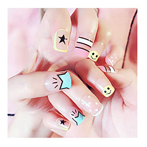 Fstrend False Nails Cute Smile Face Star Stripe Full Cover Fake Nails Simple Party Acrylic Nails for Women and Girls