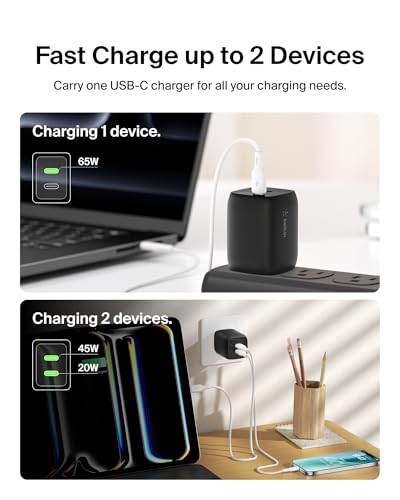 Image of Belkin Dual USB C Charger Block 65W, Super Fast Charging PD 3.0 w /GaN - Samsung Galaxy S26, Apple iPhone 17, Air, Pro, Pro Max, iPad, MacBook, AirPods, Apple Watch, & More - Black