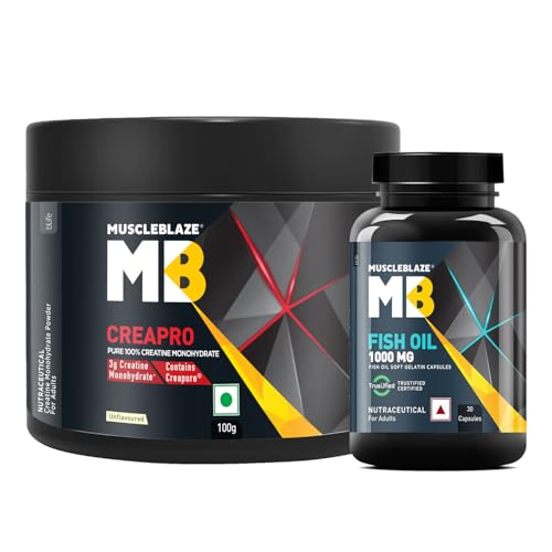 Image of MuscleBlaze CreaPRO Creatine Monohydrate Powder with Creapure, Unflavoured (33 Servings, 100g) & Omega 3 Fish Oil Capsules (30 Capsules) | 1000mg with 180mg EPA & 120mg DHA | Pack of 2