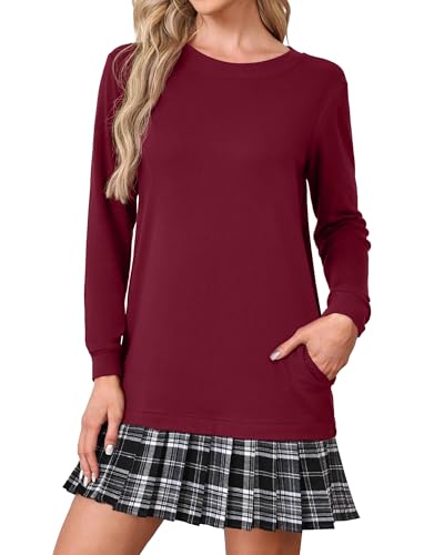 PrinStory Pulloverkleid Für Damen Winter Rundhals Langarm Faltenkleid Mit Taschen Elegant Schickes Minikleid (Weinrot, L)