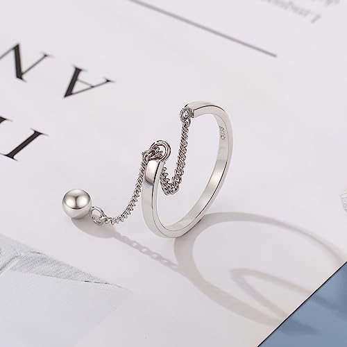 Dangle Ball Sterling Silver Ring for Women Threader Tassel Chain Dangling Statement Rings Adjustable Finger Band Eternity Promise Rings4