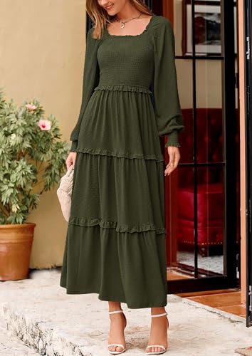 PRETTYGARDEN Fall Dresses for Women 2025 Long Sleeve Smocked Square Neck Swiss Dot Tiered Flowy Wedding Guest Maxi Dress