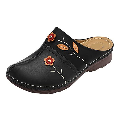 Chaussons Femme Compensées Chic Style Romain Fleur Deco Lacer Bout Fermé Comfort Pantoufles Nu Pieds Plateforme Décontractée Caoutchouc Semell (Noir, 39) Cover
