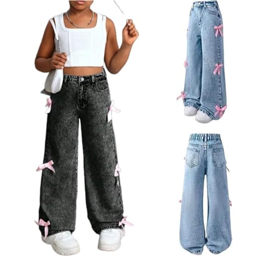 Girls Bow Wide Leg Baggy Denim Pants,Teen Casual Cute Wide Leg Jeans,Kids High Waisted Washed Jean Straight Leg Trouser (US, Alpha, Small, Regular, Black)