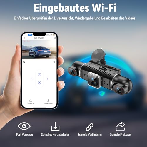 360° Dashcam Auto Vorne Hinten 4 Kanal Dash Cam Auto Kamera FHD 2K+1080Px3,4×140° Weitwinkel,WDR-Nachtsicht (8 IR-LEDs), 3\ IPS Display,G-Sensor,24/7 Parkmodus,Loop-Aufnahme, inkl. 64GB SD-Karte, App