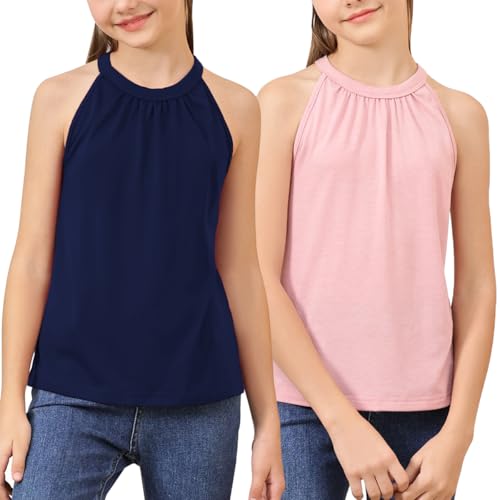 GORLYA 2 Pack Girls Halter Neck Summer Sleeveless Shirt Multipacks Casual Curvy Tank Tops for 6-14Y - Main Image