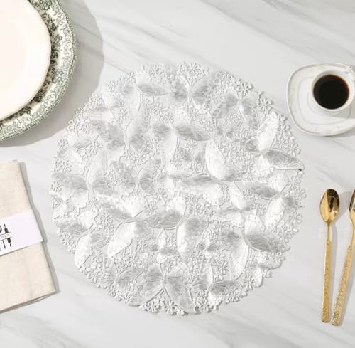 Image of HomeCloud PVC Material Round Shape Table Mat, Dining Table Mat,Table Placemats, Round Mats,Best for Bed-Side Table /Center Table, Dining Table /Shelves (Butterfly Silver, Set of 2)
