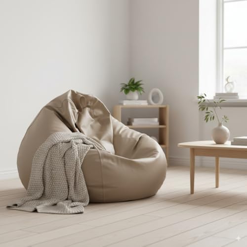 Image of 4XL Faux Leather Tear Drop Bean Bag Cover with Handle (Without Beans) Large Beige Bean Bag Sofa Cover for Adults & Kids Comfortable Lounge Chair for Living Room & Bedroom