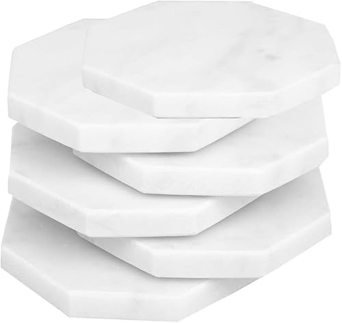 Lukeville Luxury Linen Juego de posavasos de mármol blanco, posavasos de 4 pulgadas, juego de 6 posavasos de cerámica, posavasos de mesa, posavasos