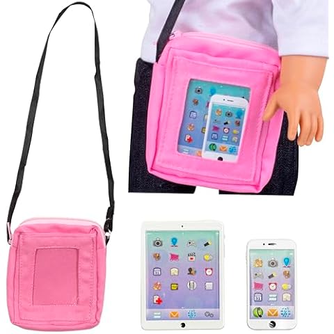 Dress Along Dolly 3pc Tech Set for American 18" Dolls w Cell Phone, Computer Tablet, and Accessory Bag- Premium Durable Metal Construction- Perfect Techie Girl Gift Set for Less Cover