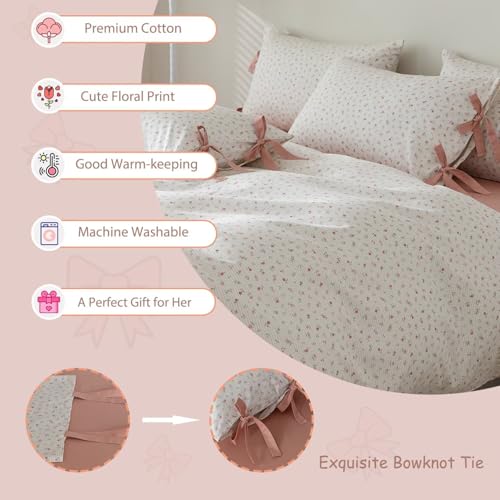 Image of MKXI Cute Bow Tie & Pink Flower Stripes Duvet Cover Twin Size Cotton Bedding Set - Cottagecore Small Floral Print Comforter Cover with 2 Pillowcases for Girls,Women, Sweet Home Gift