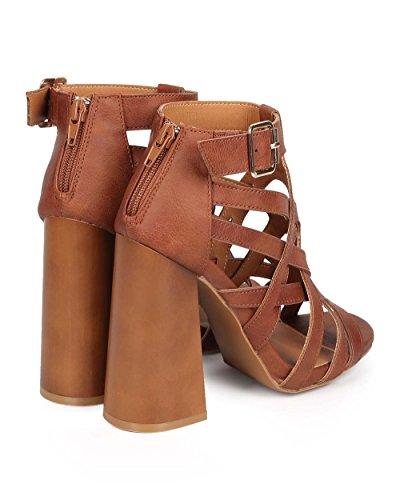 Women Leatherette Peep Toe Criss Cross Block Heel Single Sole Sandal Dc82 - Cognac (Size: 7.0) #TOP3