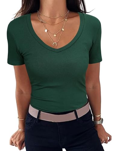 Aottori T-Shirt Côtelé pour Femme Haut élégant à Manches Courtes et col V Tshirt Basique Coupe Ajustée Extensible Décontracté Été Vert M