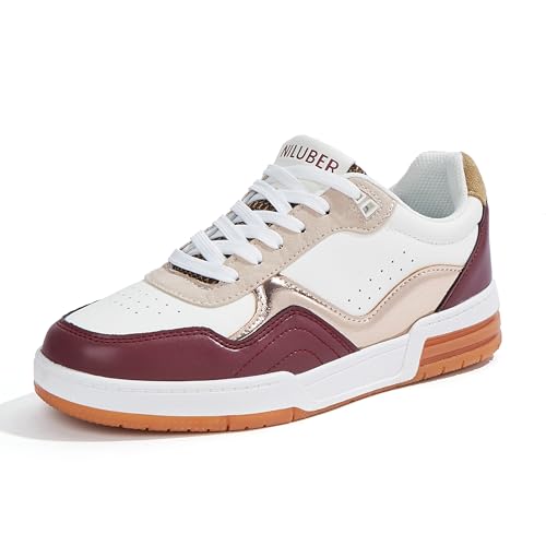 Niluber Women's Fashion Low Top Sneakers - White PU Leather Tennis Shoes-Lace Up Comfortable Casual Waking Shoes（White/Red,8.5）