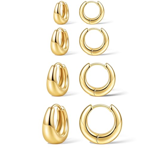 5mm Thick Chunky Gold Hoop Earrings for Women Non Tarnish, 14K Gold Plated Chunky Huggie Cartilage Earring Stack, Lightweight Cute Drop Earrings Sets for Multiple Piercing Dainty Trendy Clip On Jewelry