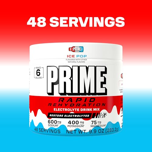 Image of Prime Rapid Rehydration Electrolyte Powder, Ice Pop, Sugar Free Hydration Drink Mix with Sodium, Potassium, Magnesium & B Vitamins to Replenish Fluids, Caffeine Free, 6 Gallon Tub, 48 SRV