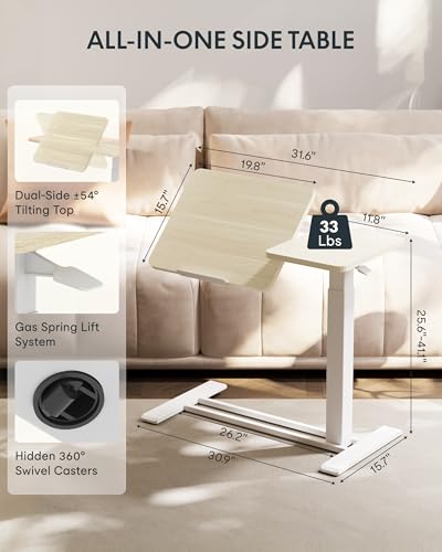 Image of FLEXISPOT Adjustable Height C-Shaped End Table with Split Tilting Top - Mobile Side Table for Sofa & Bedside, Slides Under Furniture, Hidden Wheels for Small Spaces(31.6 inchW x 15.7 inchD,White Wood Grain)