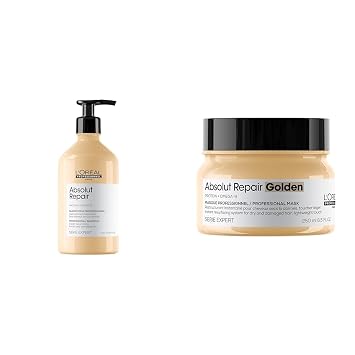 L'Oreal Professionnel Paris Absolut Repair Shampoo & Golden Mask Set - Protein Treatment For Dry & Damaged Hair, Repairs Damage & Provides Shine, 16.9 Fl Oz