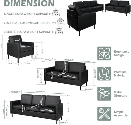 Image of Modern 3-Piece Living Room Set, 72 inch Black Faux Leather Couch 56 inch Loveseat | STHOUYN Small Couch and Chair Set with USB Ports for Small Space, Apartment, Office (Black, 1 Chair + 1 Loveseat + 1 Couch)