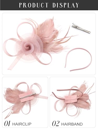 SWEETV Tulle Fascinators for Women, Tea Party Hats for Kentucky Tea Hat Derby, Cocktail, Wedding, Fancy Dress Party, Dusty Pink