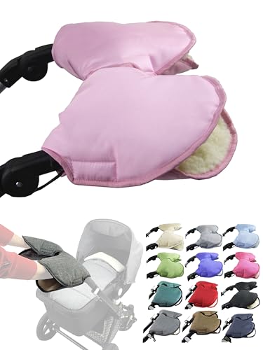 Manopla de manopla [calentador de manos para cochecito] Muñequera con lana de cordero, impermeable, cortavientos, tamaño universal para cochecito, remolque de bicicleta, 2 piezas (rosa uni)