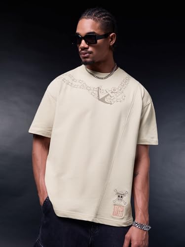 Image of The Souled Store One Piece: Pirates Men and Boys Short Sleeves Round Neck Beige Graphic Printed Anime Casual Drop Shoulder Streetwear Lightweight Cotton Oversized T-Shirt