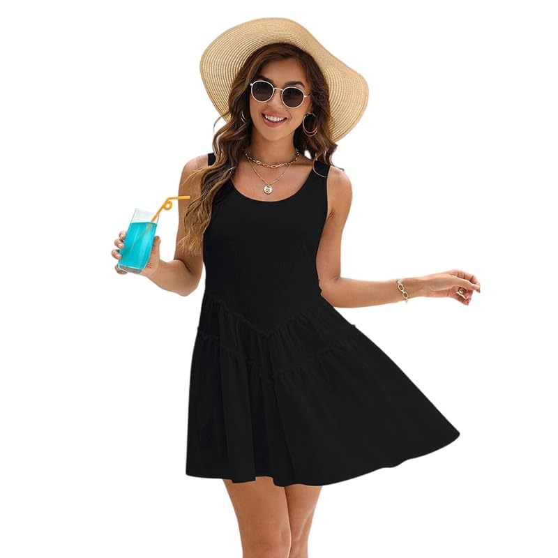 GIVTULIP Strandkleid Damen Sommerkleid U-Ausschnitt Ärmelloses Kurzarm Tunika A-Linie Kleider Sommer Kleider Elegant Freizeitkleid Knielang Minikleid...