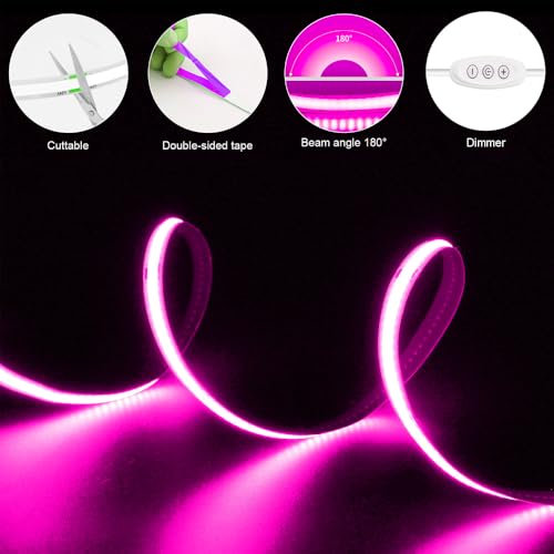 Image of USB Powered COB Led Strip Lights, 6.56Ft Battery Operated Pink LED Strip Lights, High Brightness Flexible LED Tape Lights for Room, Cabinet, Bedroom, Kitchen, Party, Home DIY Indoor Deco