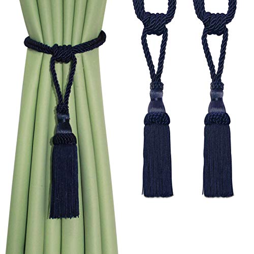 Fenghuangwu 2PCS Curtain Tassel Tiebacks, Handmade Tassels Curtain Tie-Backs Rope Holdbacks for Home Office Decor-Navy