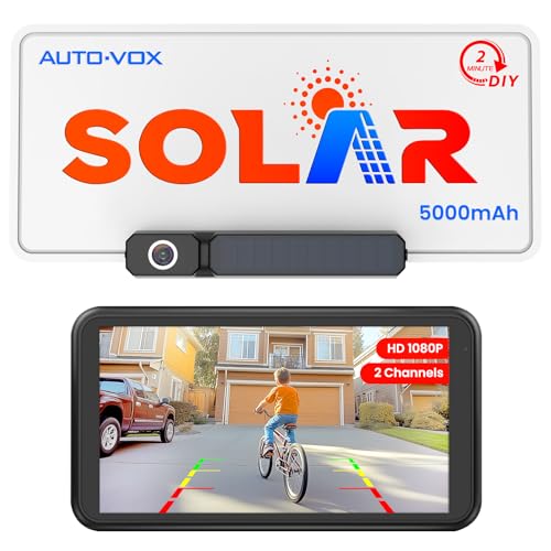 Image of AUTO-VOX White Solar Wireless Backup Camera with 5 inch 1080P Monitor: 5000mAh Battery 2 Mins DIY Installation & 2 Split Screen Back Up Camera, IP69K Waterproof Reverse Camera for Car, Van, SUV, Truck