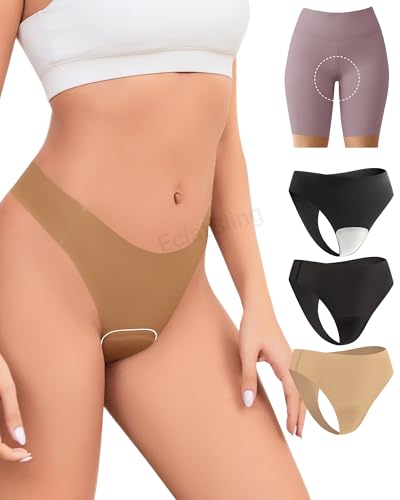 Image of Seamless Workout Thongs for Women - No Show Womens Underwear with Wide Gusset Invisible Panties Nude&Black 2 Pack