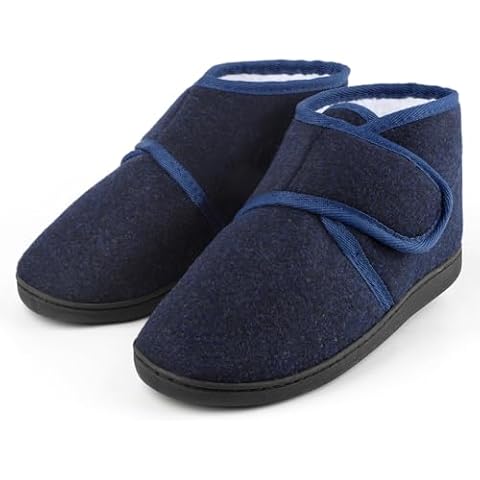 TIESTRA Mens Boots Slippers Winter Warm Fuzzy Cozy Memory Foam Hook & Loop House Shoes Diabetic Arthritis Edema Swollen Indoor Outdoor Slippers comfortable Adjustable Bootie Slippers Blue EU45/US12 Cover