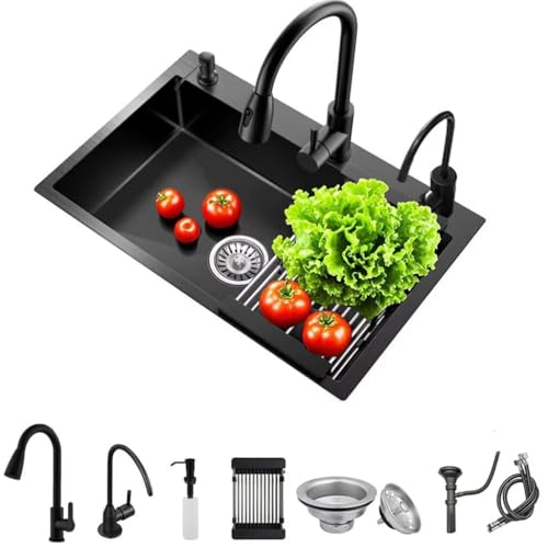 Affodwzun Black Drop in Kitchen Sink, Stainless Steel Single Bowl Sink with 3 Holes, Topmount Workstation Sink, Farmhouse Rectangle Basin with Multiple Accessories (21.7 * 17.7 * 7.9in)