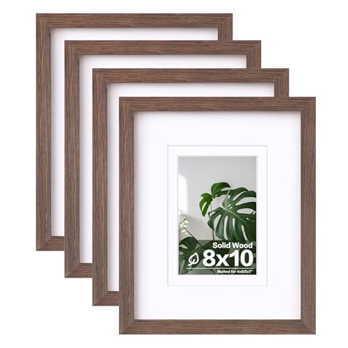 Image of Egofine 8x10 Picture Frames Set of 4, Made of Solid Wood Covered by Plexiglass 4x6 and 5x7 with Mat or 8x10 without Mat, for Table Top Display and Wall Mounting Photo Frame Brown