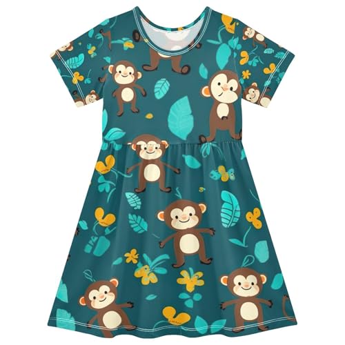 Toddler Girls Dress Short Sleeve Cute Monkey Print Kids Sundress Summer Playwear 2T-8T
