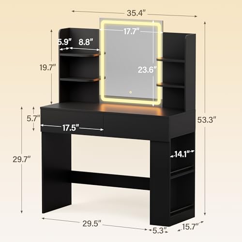 Image of YESHOMY 35.4 Inch Vanity Desk with LED Mirror&Lights Classic Black