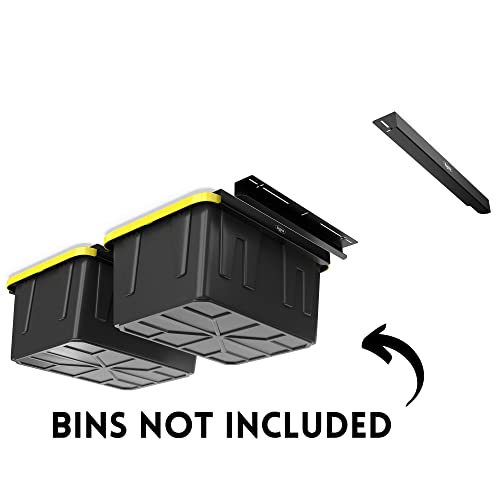 Image of Koova Overhead Bin Rack for Three Bins | Overhead Garage Storage Rack to Mount on Ceiling with Adjustable Width | Supports Most Black and Yellow Storage Bins | 3 Sets
