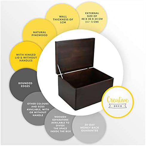 Creative Deco XXL Large Brown Wooden Storage Box Chest | 40 x 30 x 24 cm (+/-1 cm) | with Hinged Lid | Gift Box for Tool Dog Toy Shoes Clothes Kitchen Document Storage | Wood Keepsake Memory Craft