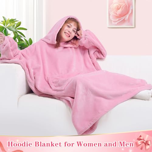 Image of Waitu Wearable Blanket Sweatshirt Gifts for Women and Men, Warm and Cozy Giant Blanket Hoodie, Thick Flannel Blanket with Sleeves - Bright Pink