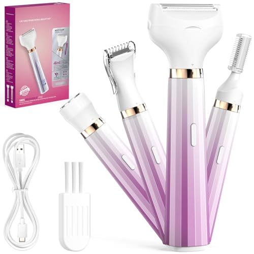 PKBD 4 in 1 Lady Shavers for Women with LED Battery Display, Bikini Trimmer Women, Electric Razor for Woman's Body, Legs, Pubic Hair, IPX6 Waterproof & Rechargeable, Portable Wet and Dry, Purple