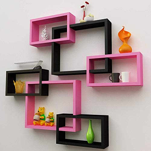 Image of Amaze Shoppee MDF Wall Decoration Intersecting Floating Shelves Set of 6 (Black and Pink)